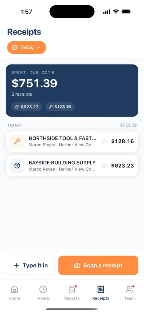 The owner’s Receipts screen, showing today: $751.39 spent on 2 receipts. Northside Tool & Fastener, $128.16, and Bayside Building Supply, $623.23, both logged by Marco Reyes for Harbor View Condos.