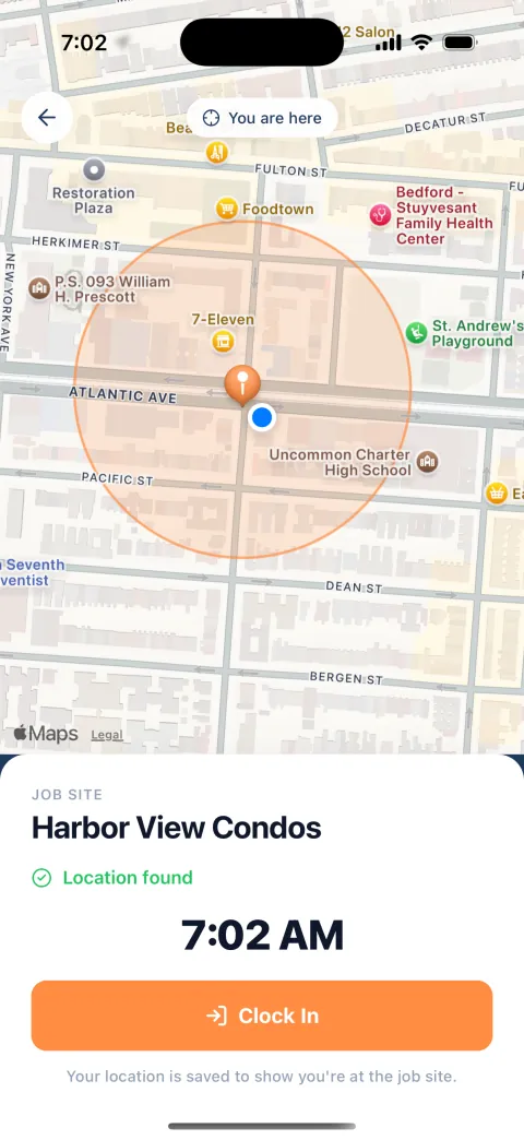 A crew member’s Clock In screen: a map of the job site and a Clock In button.