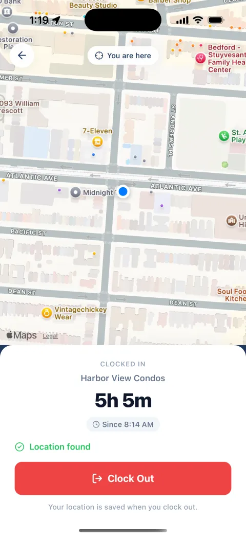 The Clock Out screen. A map with a blue dot where the crew member is. Below: clocked in at Harbor View Condos for 5 hours 5 minutes, since 8:14 AM, Location found, and a red Clock Out button.